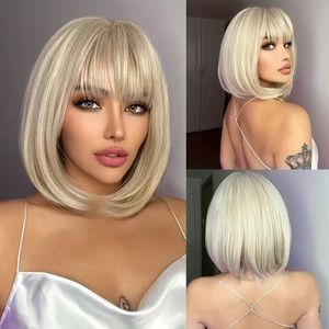 Beige White Straight-Bob Wig w/ Bangs